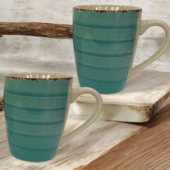 Royal Norfolk Coffee Tea Mugs Turquoise Swirl Cups Stoneware Beach Baja Set of 2 - Picture 1 of 5